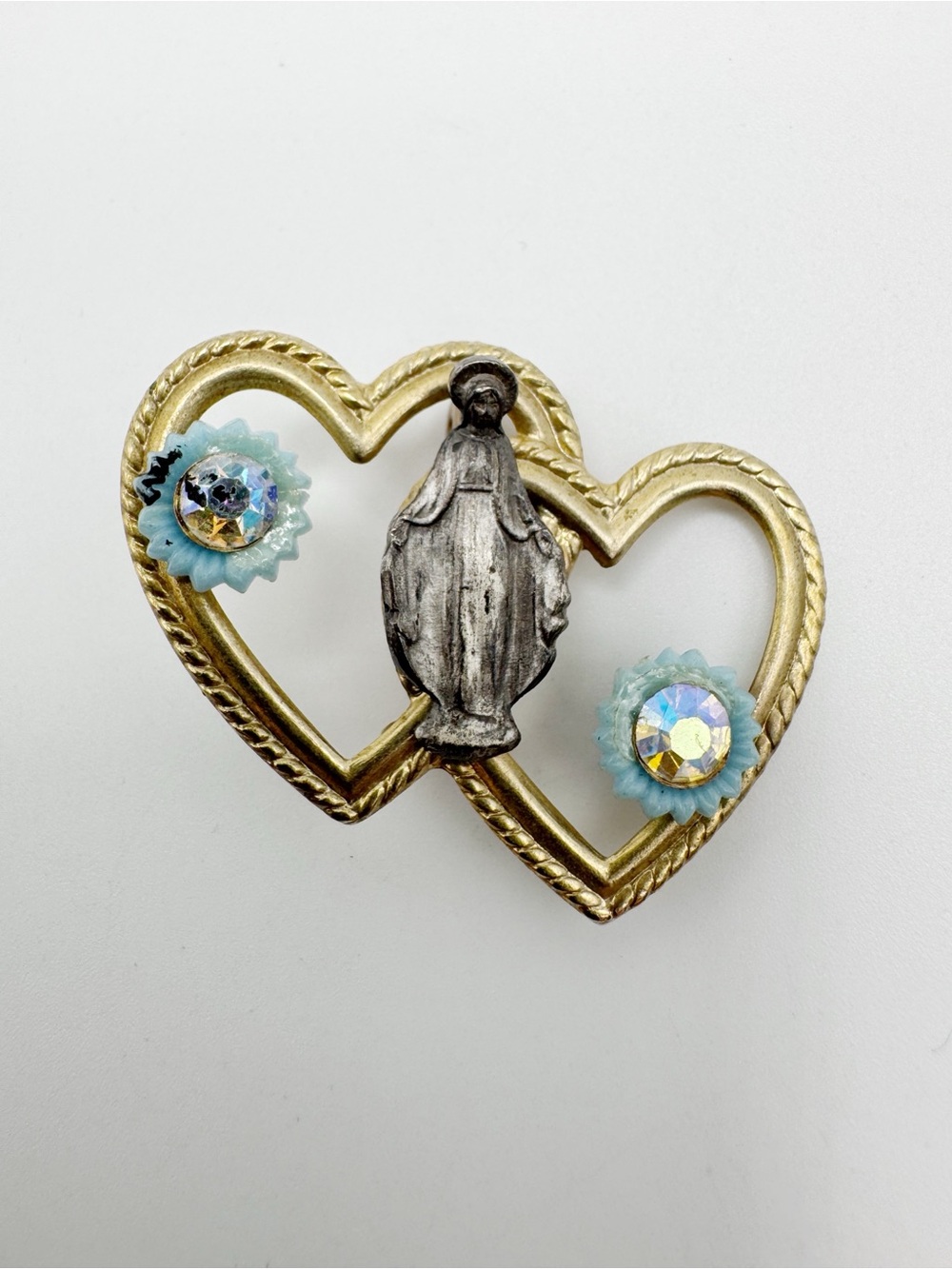 Vintage Miraculous Mary Pin with Twin Hearts
